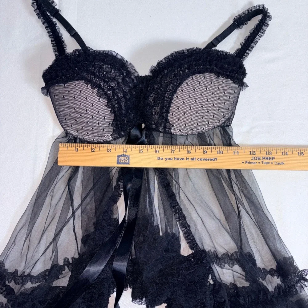 Victoria's Secret Babydoll Lingerie 34D Black Excellent Mesh Lace Ruffle Trim